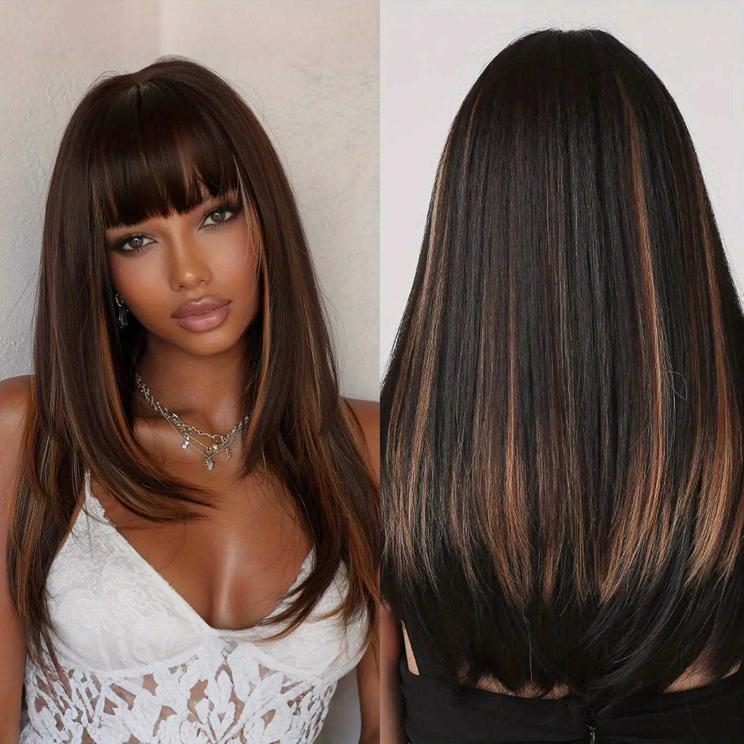 FESHFEN Women's Versatile Long Layered Wig with Bangs – Heat-Resistant Synthetic Straight Hair, Natural Look, Glue-Free, Suitable for Daily Wear, Cosplay, Parties, and Everyday Styling