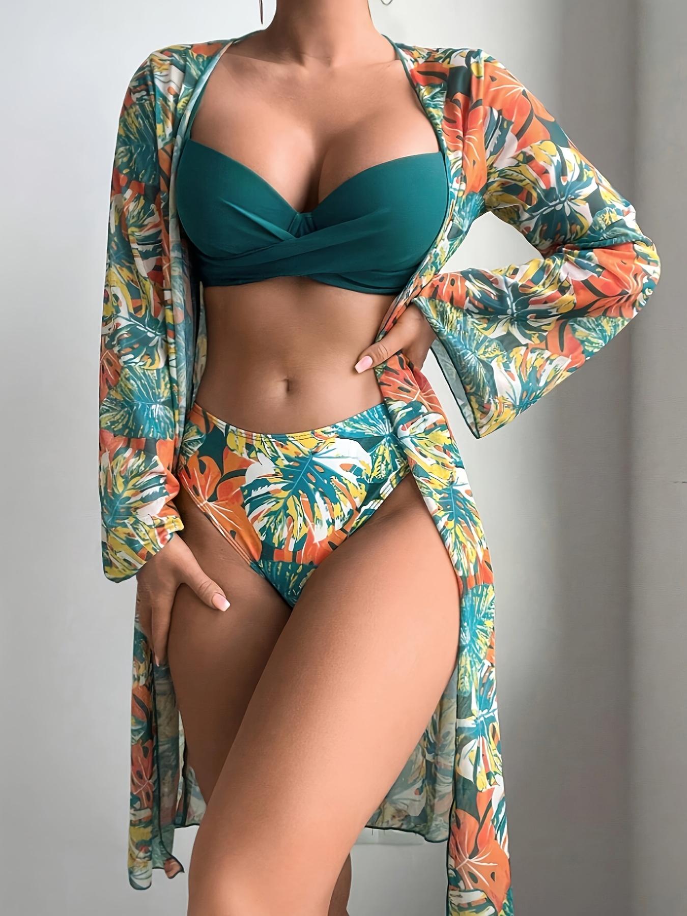 Three-Piece Swimsuit Set with Summer Beach Plant Prints