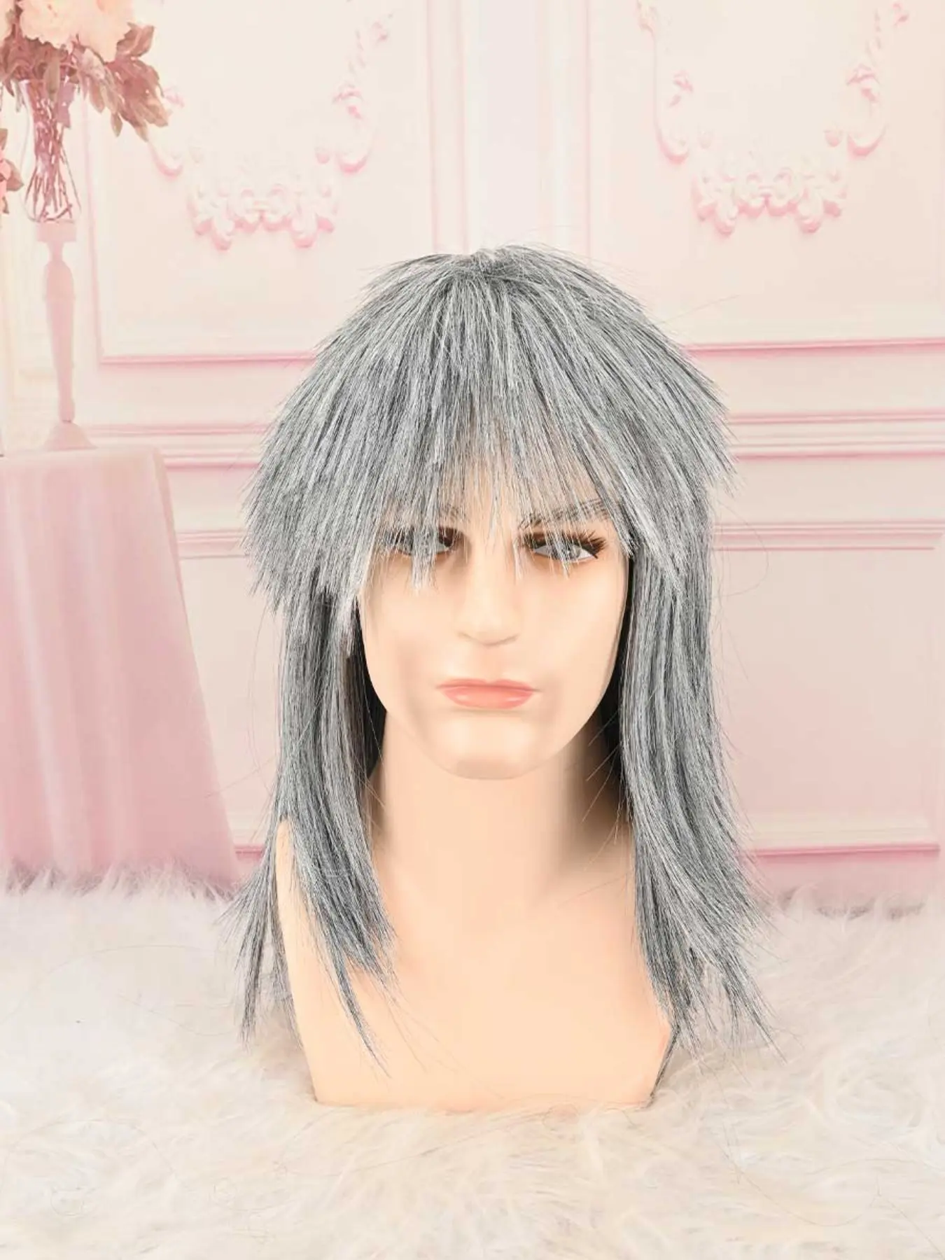 Grey Layered Wolf Cut Wig for Men, Medium Length Shaggy Straight Synthetic Hair Wig, Heat Resistant Wig for Punk Rock Outfit & Game Character Cosplay Artificial Wig