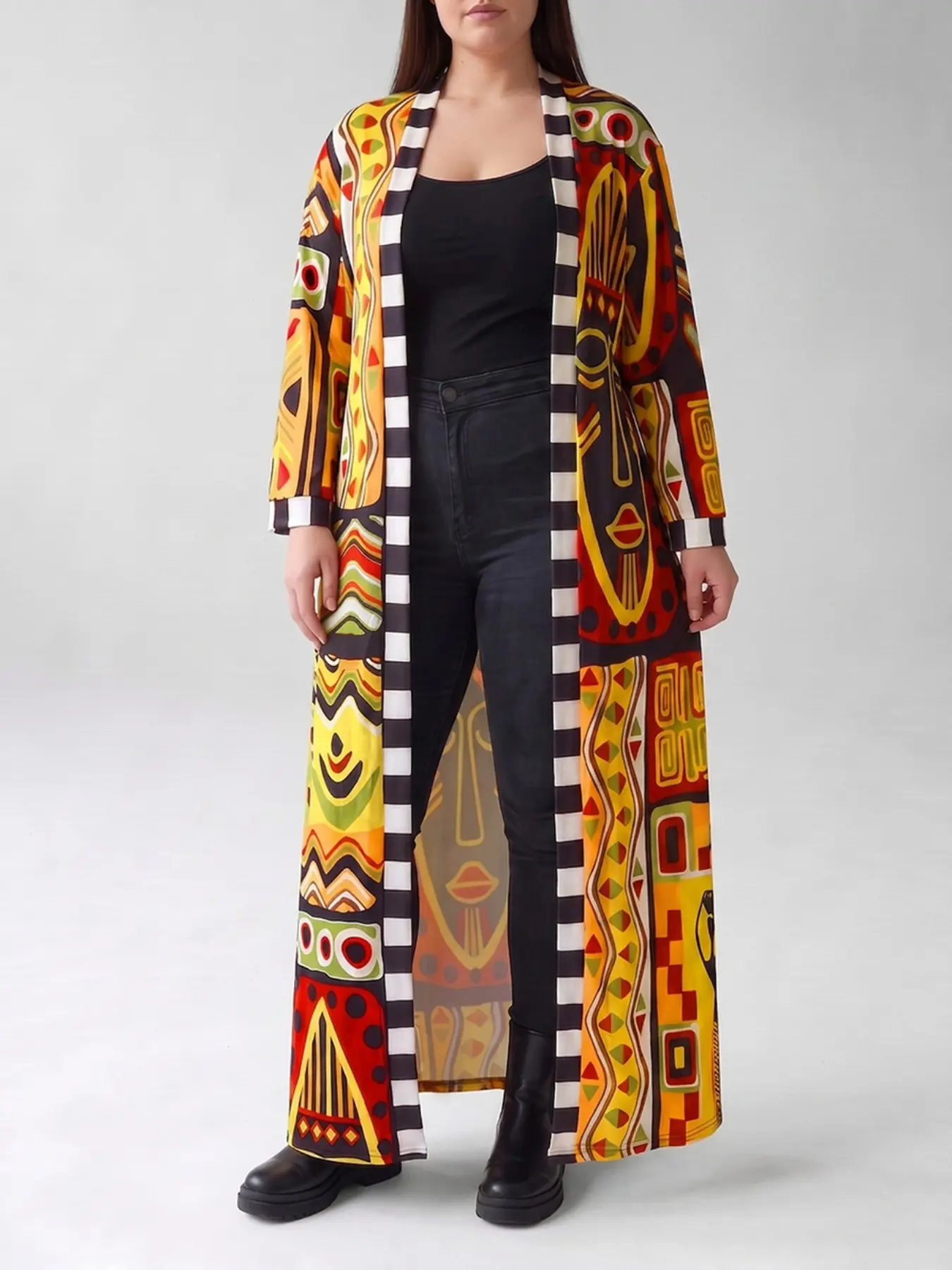 Plus Size Women's Geometric Print Long Cardigan Kimono, Casual Street Style, Ethnic Wind, Artistic Multicolor Design, Trendy and Stylish