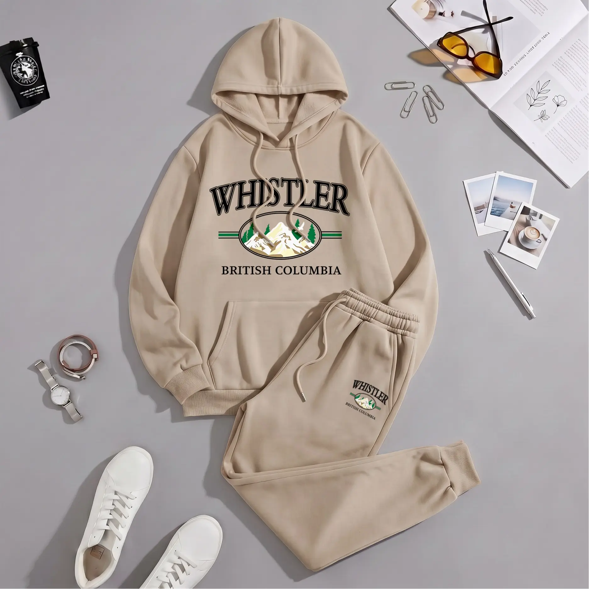 Men's 2-Piece Loose-Fit Whistler British Columbia Mountain Print Hoodie & Sweatpants Set - Long Sleeves Polyester Casual Drawstring Pullover, Jogger Pants, Breathable, Letter Print, Machine Wash for Fall Winter Daily Wear, Outdoor Activities
