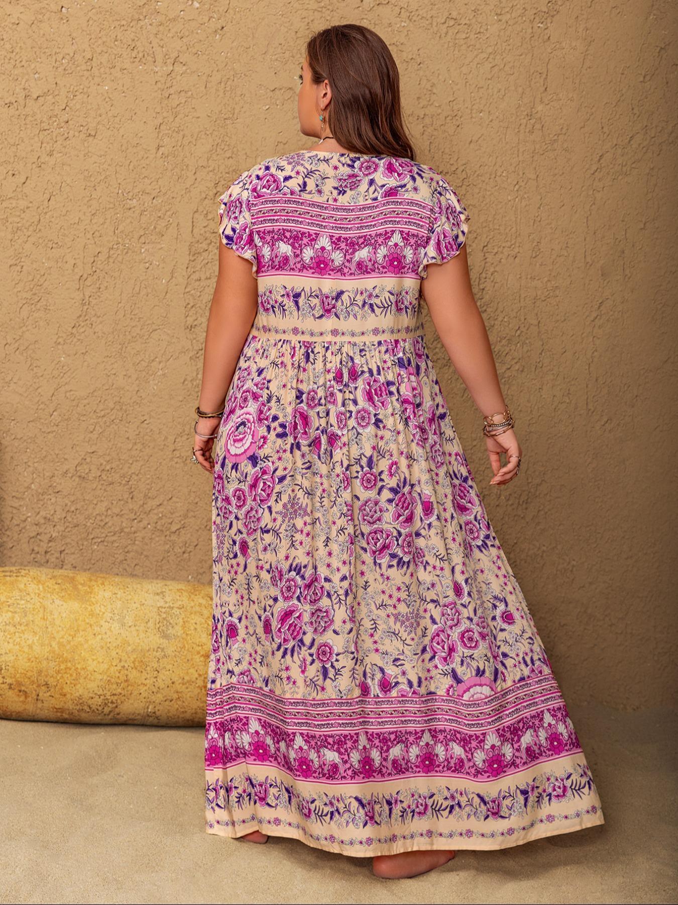 Plus Size Floral Print V-Neck Maxi Dress, Boho Fashion Casual Short Sleeve Dress for Daily Vacation Wear, Women's Clothing for All Seasons, Bohemian Sundress