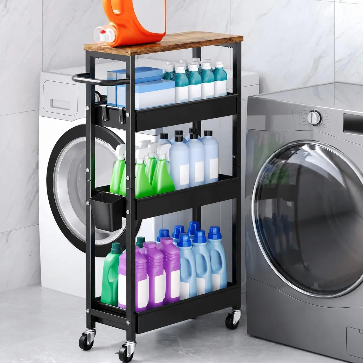4 Tier Slim Rolling Storage Cart, Metal Narrow Kitchen Cabinet with Wheels, Laundry Room Organization and Storage Shelf for Between Washer and Dryer, 8In Skinny Detergent Organizer for Small Space