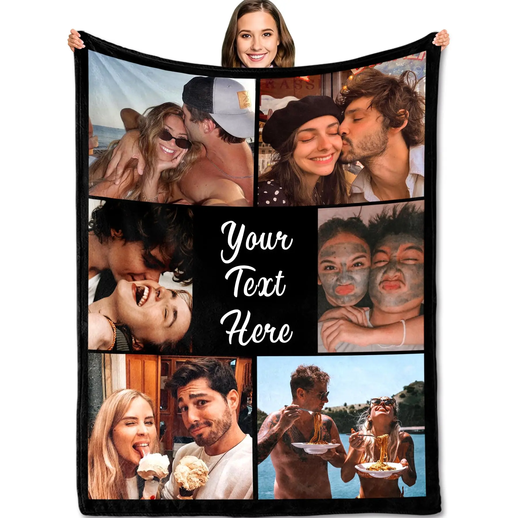 6-panel photo layout (5 candid shots of the couple + a central vertical space for text); a black background makes the portraits feel warmer. Placeholder text in a handwritten font reads "Your Text Here" (customizable with names, anniv,Person,digital,print