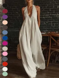 Elegant Lace Edge Linen Romper, Comfortable Loose Fit, Casual European Style, Ideal for Cross-Border Shopping, Available on Etsy & Shei