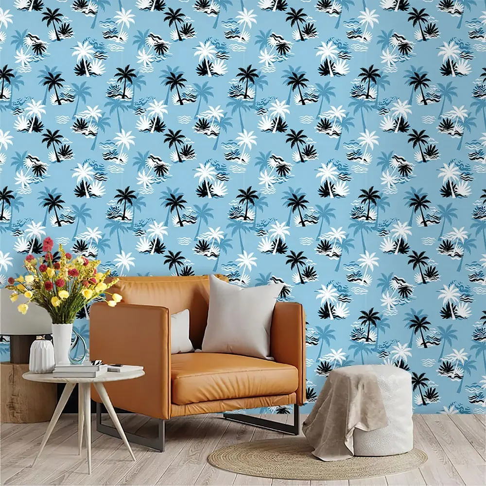 Silhouette Palm Tree Wallpaper, Light Sky Blue Background, PVC Adhesive Back, Easy Peel & Stick, Kitchen Living Room Bedroom Decor