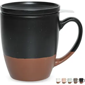 Ceramic  Cup with Infuser and Lid, 16 Oz, Steeping  Mug with Strainer, Dishwasher and Microwave Safe (Black)