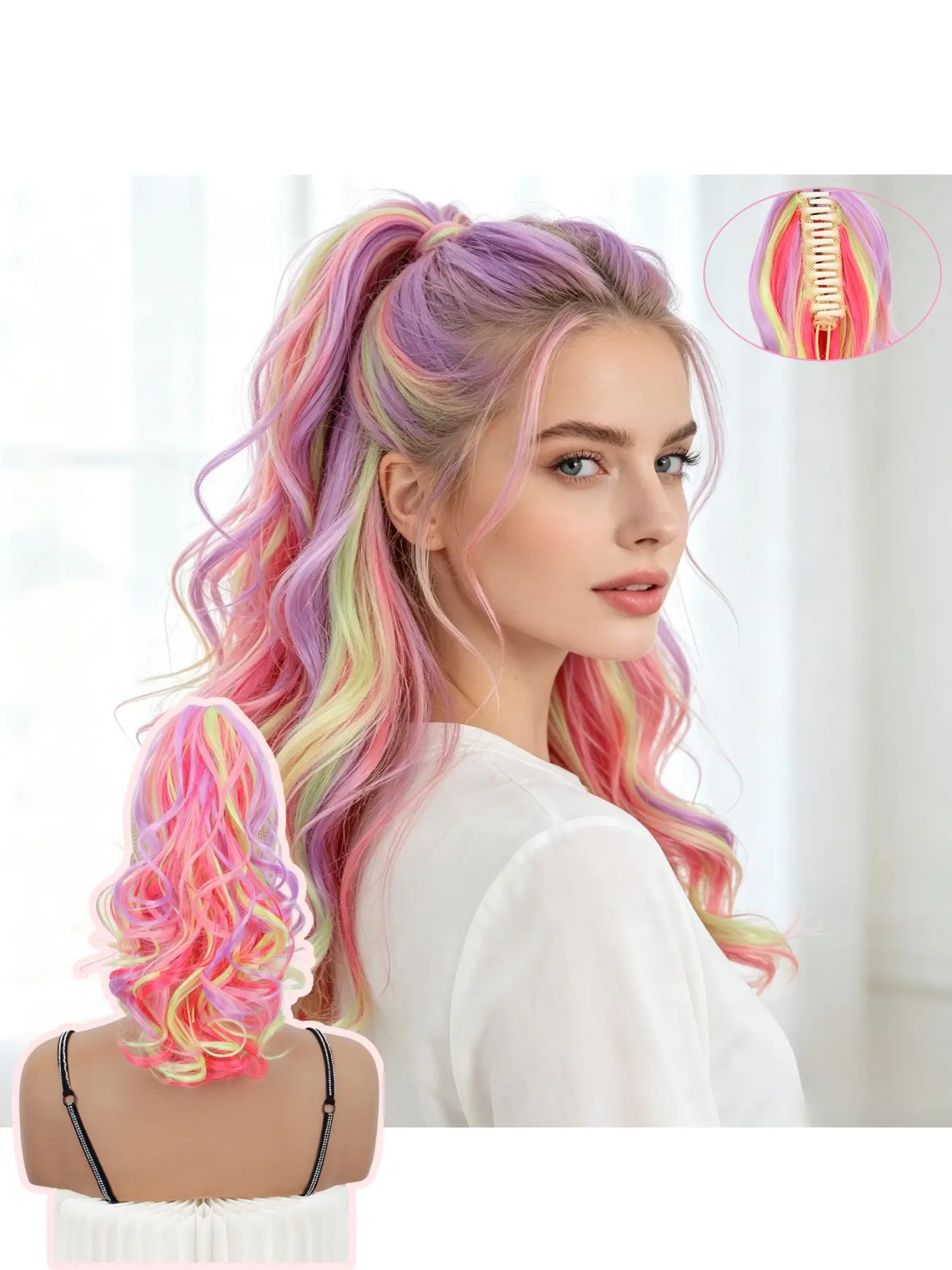 Colorful Ombre Claw Clip Ponytail Extensions for Women, 4 Tone Mixed Dye Big Wavy Curly Synthetic High Temperature Fiber Hair, 14inch Easy Install Thick Clip In Ponytail for Cosplay Party Daily Makeup Look
