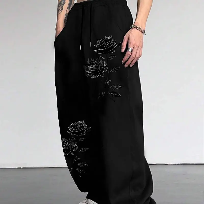 Men's Rose Print Drawstring Waist Knitted Sports Pants, Casual Sporty Pants, Casual Comfortable Jogging Pants, Classic Versatile Fashion Men's Pants