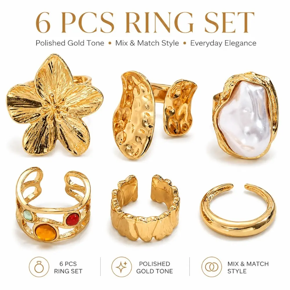 Gold Rings for Women 6 Pieces Stackable Chunky Statement Ring Set Non Tarnish Adjustable Open Knuckle Rings Flower Pearl Boho Vintage Fashion Jewelry Gift for Teen Girl Birthday Party Vacation Christmas Stocking Stuffer