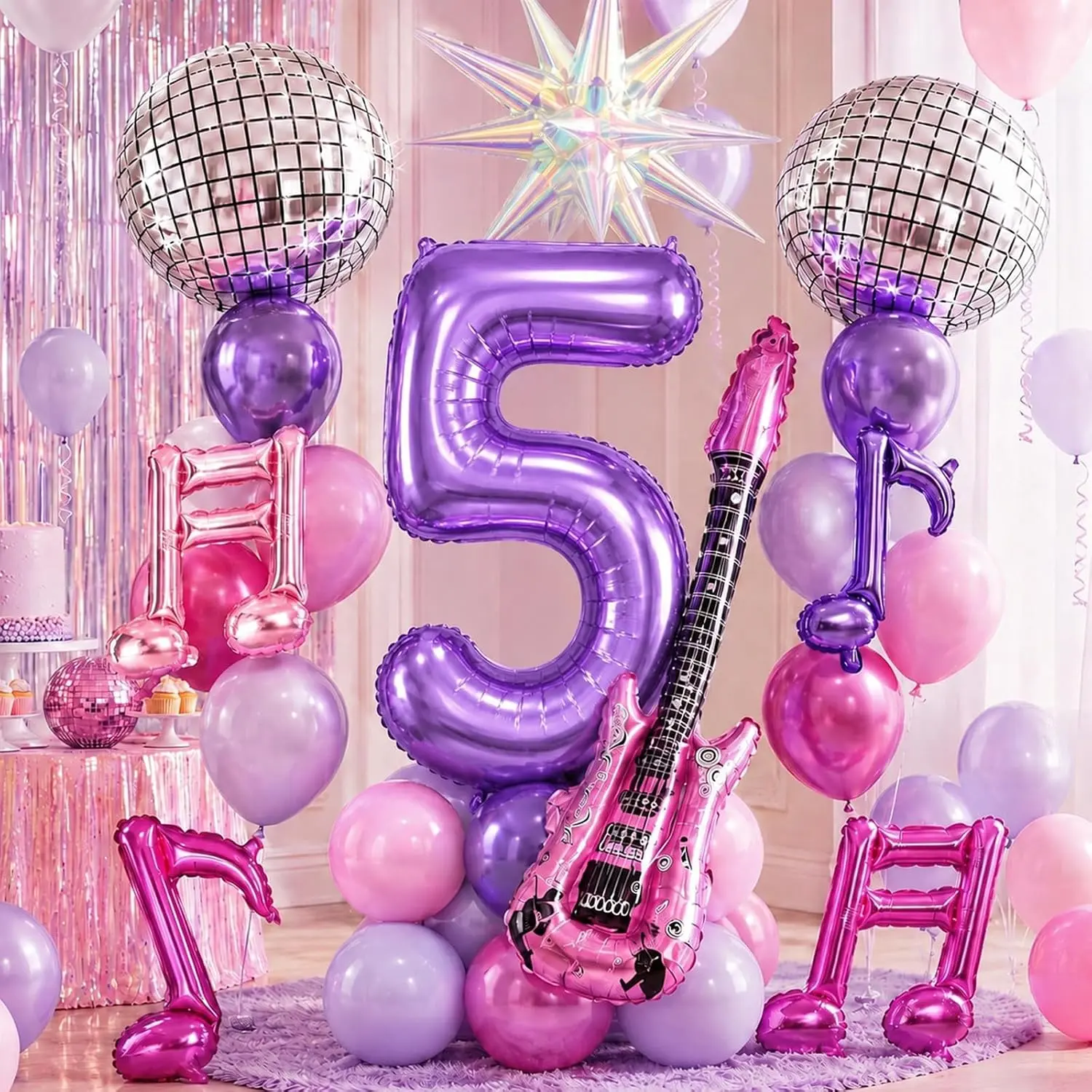 Girls  5th Birthday Decor |   Purple Pink 40" Number 5 Balloon, Disco Guitar Music Foil Balloons for 5-Year-Old Birthday Party