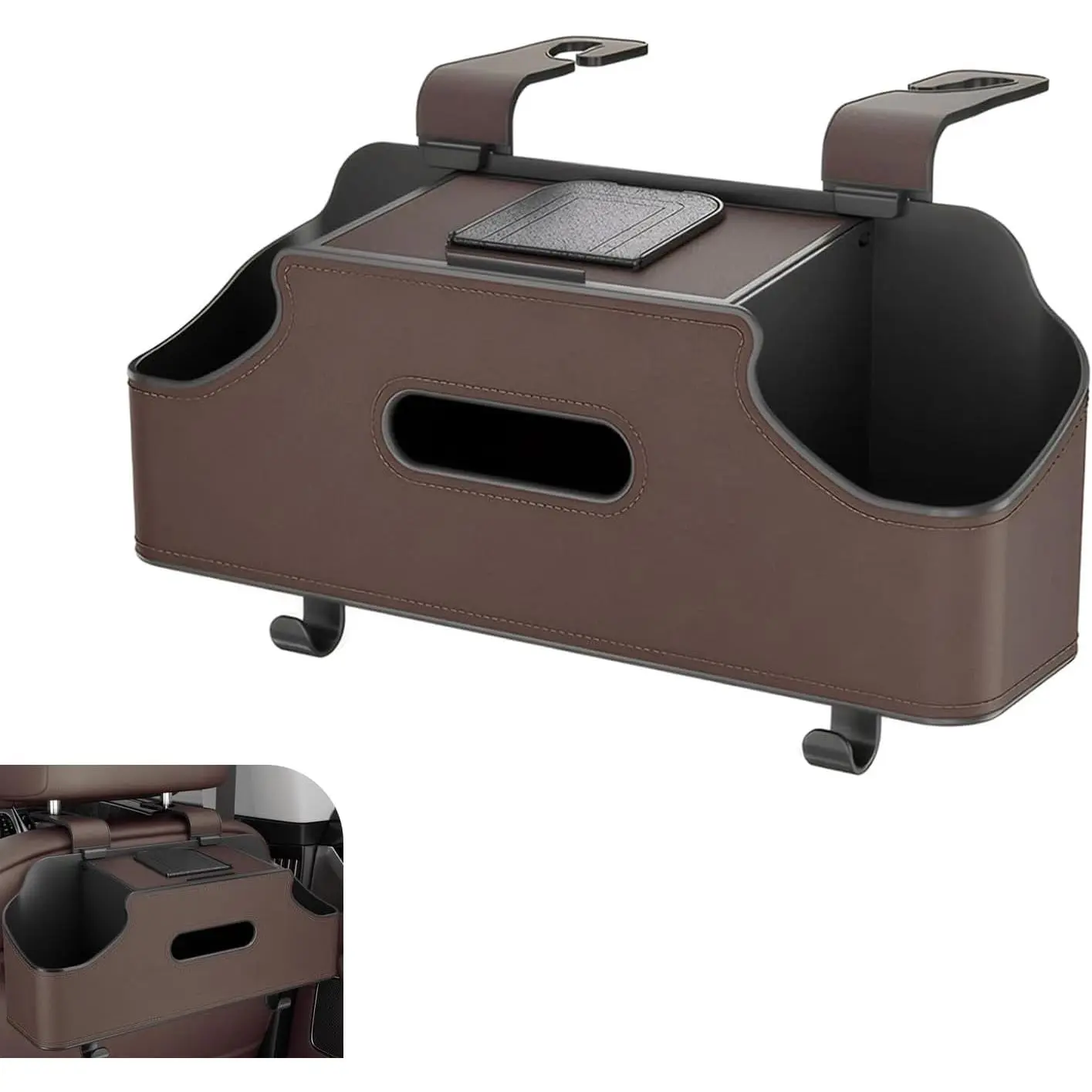 Organizer and Storage Box, 3 in 1 Multi-functional Storage with Cup Holder & Tissue Box & Phone Holder, Large Capacity  Organizer, Interior Part for   SUVs (Brown)