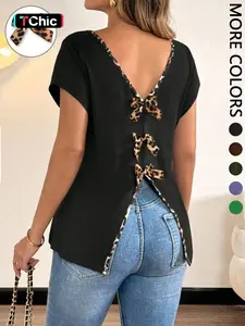Women's Double V-Neck Short Sleeve T-Shirt, Top, Leopard Contrast Binding, Back Slit with Bow Accents, High Stretch Knit Fabric, Daily Casual Commute Date Weekend Outing Wear, Breathable Skin-Friendly, Elegant Casual Chic Style