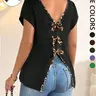 Women's Double V-Neck Short Sleeve Casual T-Shirt, Leopard Contrast Binding, Back Slit with Bow Accents, High Stretch Knit Fabric for Daily and Weekend Wear, Chic, Loose Tops