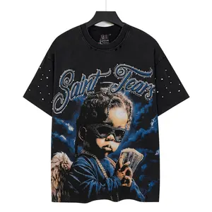 Saint Tears Money Holding Angel Kid Rhinestone Graphic T-Shirt, Burgundy Vintage Washed Pearl Stud Distressed Hole Oversized Cotton Tee For 4th Of July Summer Hip Hop Streetwear Outfit