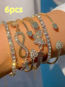 6-Piece Luxury Metal Rhinestone Bracelet Set, Butterfly Heart Infinity Symbol Stackable Bangles, Fashion Hip Hop Women's Jewelry