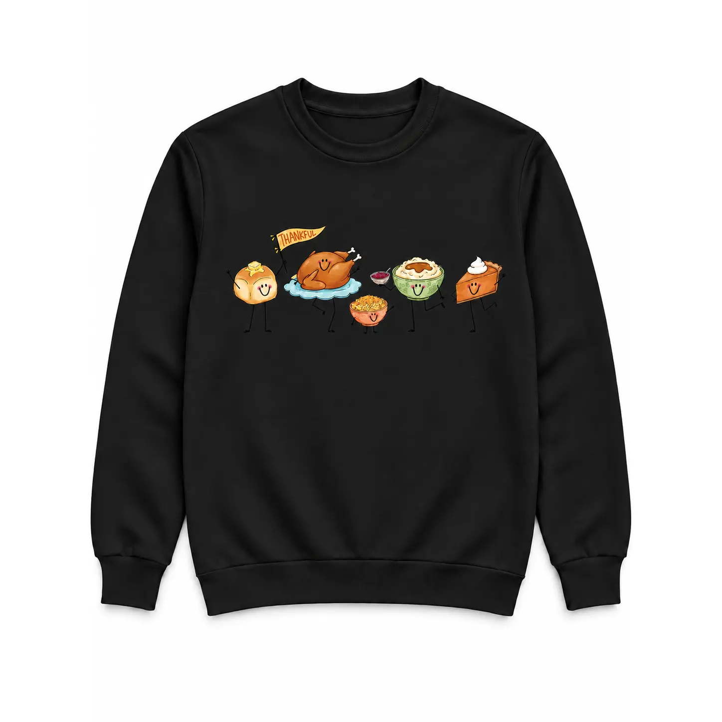 Thankful Thanksgiving Food Parade Graphic T-Shirt or Crewneck Sweatshirt, Cute Turkey and Side Dish Characters, Unisex Fall Dinner Shirt