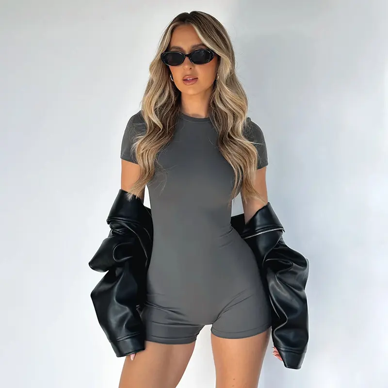 2026 Fashion Casual Sport Jumpshort For Women Pure Desire Style High Stretch Slim Yoga Bodyshort Crew Neck Tight High Waist Cropped Rompers Sweat-Wicking Soft Fabric Fitness Daily Streetwear Multiple Colors Burgundy Orange Available S-XL
