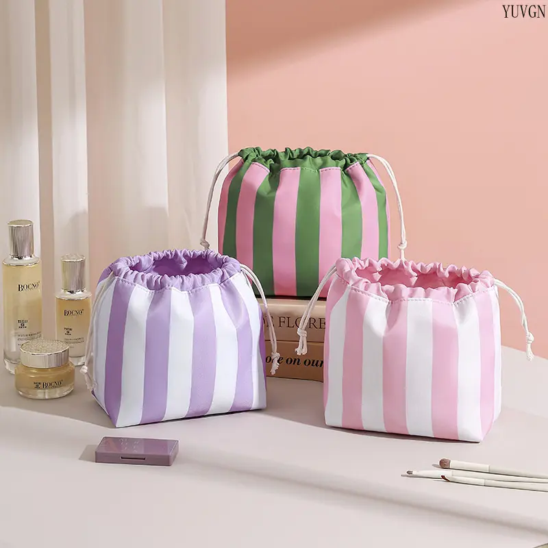 Vertical Striped Drawstring Makeup Bag, Ruffle Trim Cosmetic Pouch, Portable Cylinder Toiletry Storage Organizer for Travel Skincare Accessories