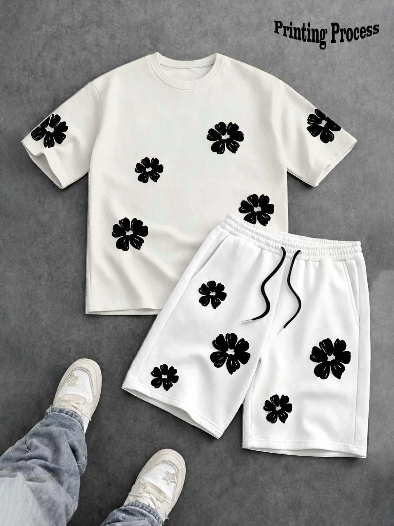 Men's Floral Print Round Neck Short Sleeve T-Shirt and Pocket Shorts Set, Casual Slim-Fit, Soft Fabric, Versatile for Daily Wear