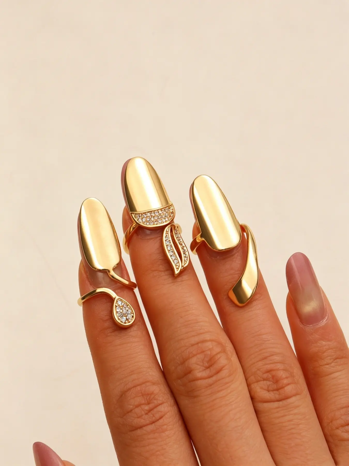 3-Piece Zircon Nail Ring Set, Luxury Detachable Nail Rings, Trendy Crystal Water Drill Finger Rings, Elegant Nail Art Jewelry for Women