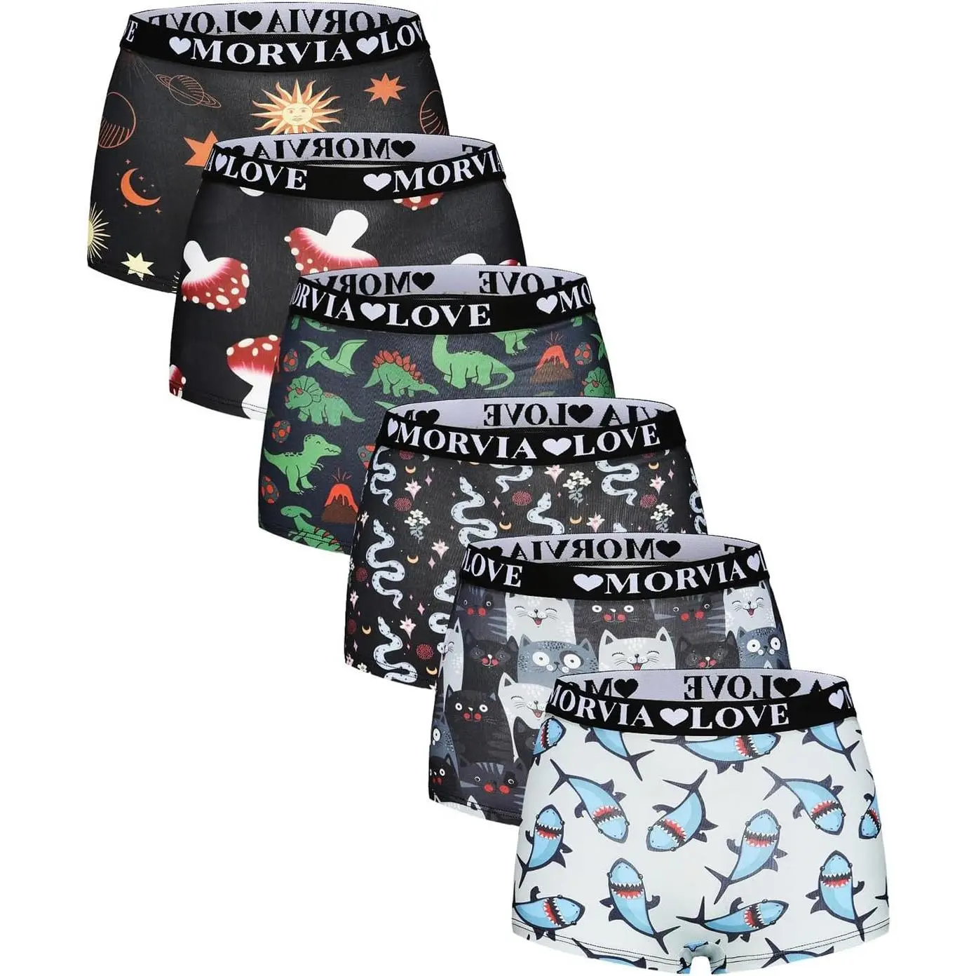 6 Pack Gothic Halloween Print Boyshorts, High Waist Variety Underwear with Elastic Band, Skull Rose Stars Pattern