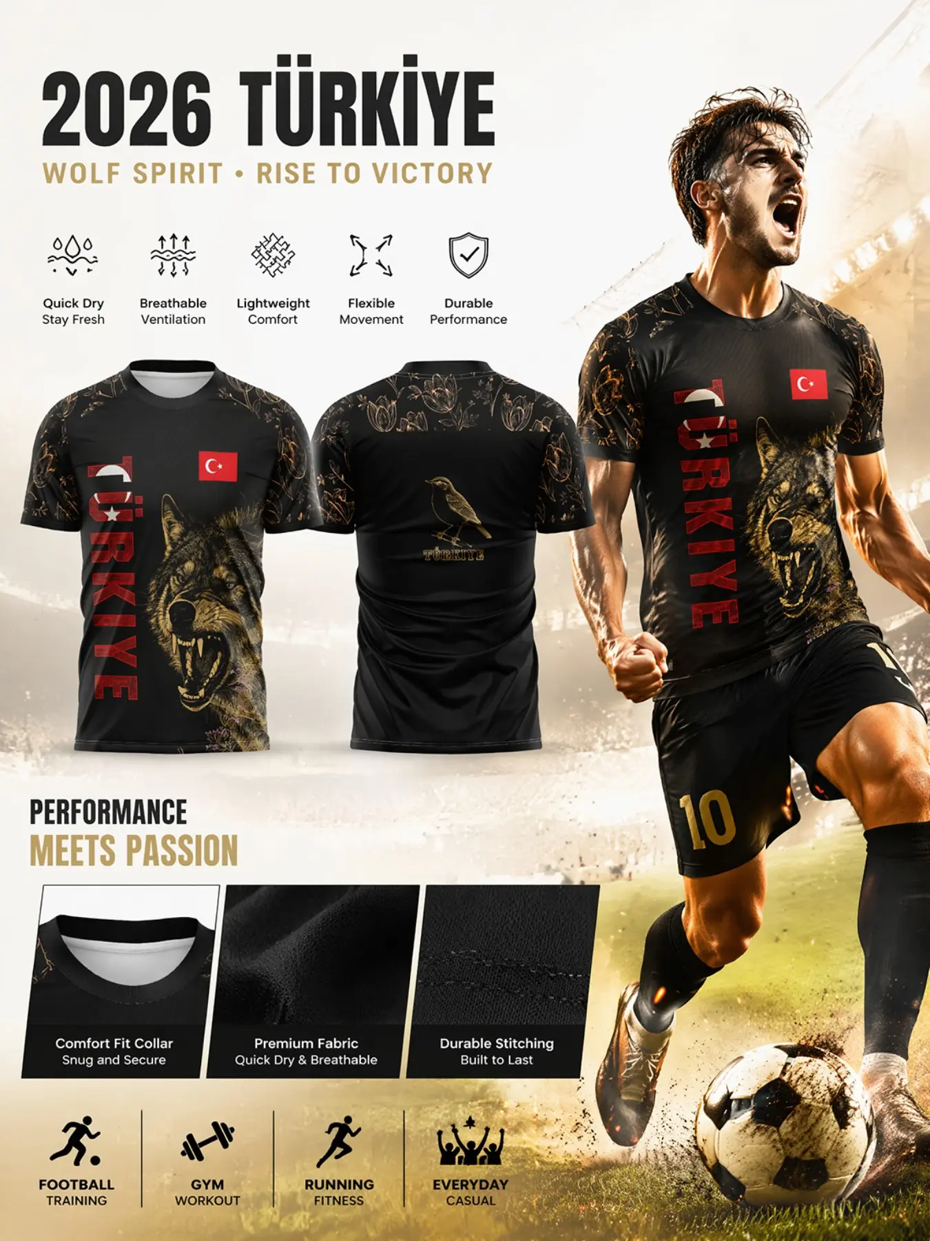 2026 Turkey Soccer Jersey, Gold Wolf Print, Turkish Flag Design, Quick-Dry Breathable, Lightweight Jersey, Unisex Adult, Patriotic Gift for Fans