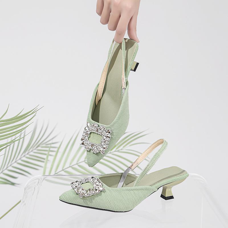 Women Summer Sandals Rhinestone Square Buckle Fairy Style Open Back French Style Stiletto Pointed Toe