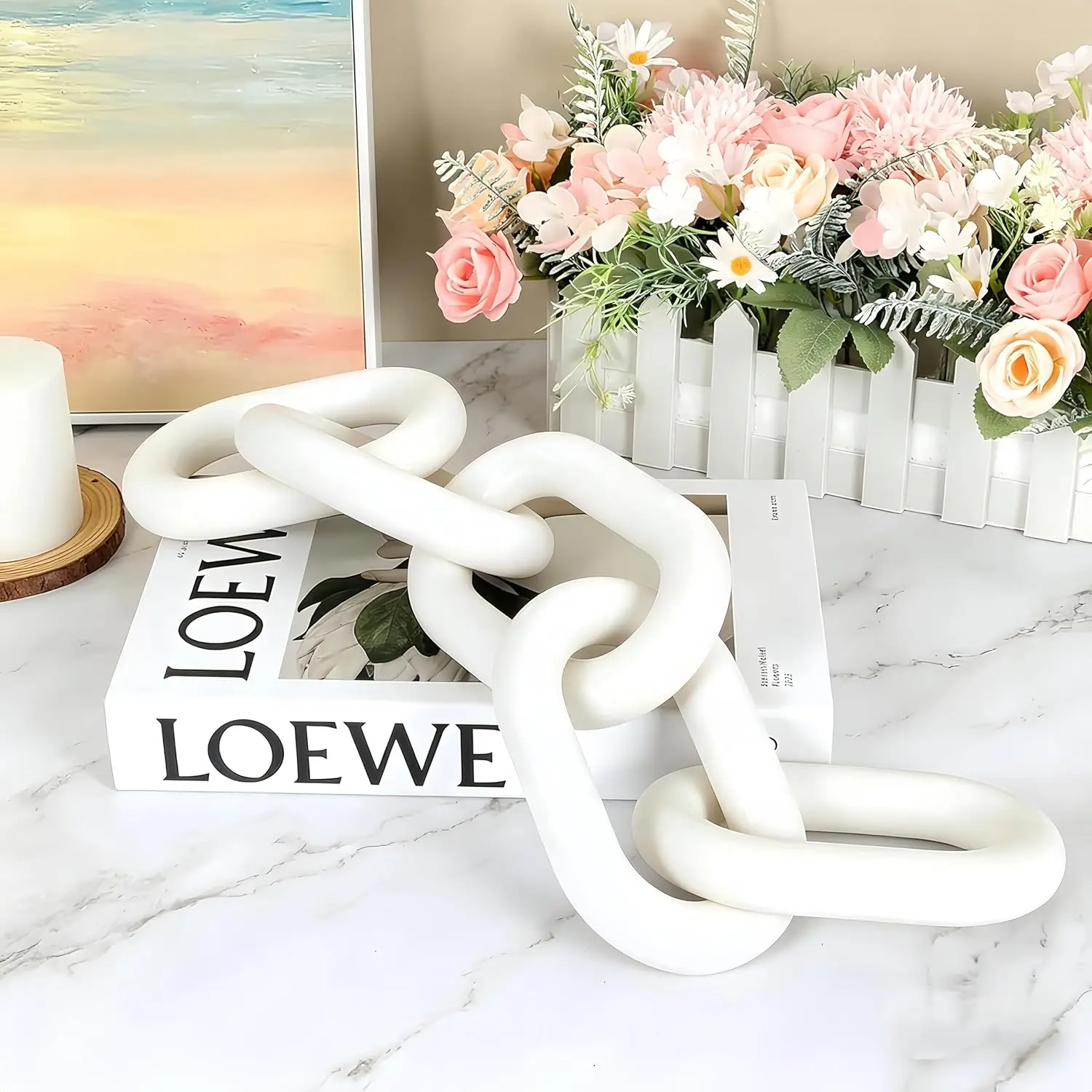 White Wood Chain Link Decorative Hanging Ornament, 11.8 Inch Boutique White Decorative Chain for Coffee Table, Designer Books Home Farmhouse Decoration Set