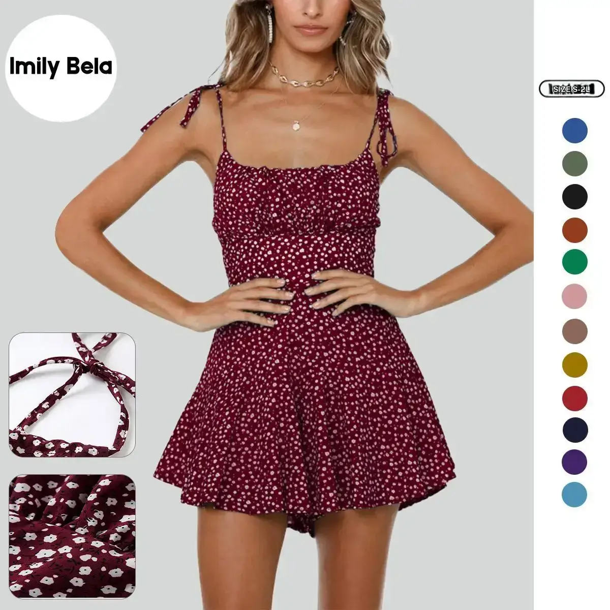 Imily Bela Women's Floral Wide Leg Rompers Spaghetti Strap Tie Ruffle Short Jumpsuits