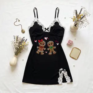 Womens Sleep Dress Nightgown Lace Trim Spaghetti Strap Mini Nightdress Bow Detail Contrast Lace Gingerbread Print Soft Comfortable Sleepwear Pajama Dress Lounge Dress Cozy Nightwear Vacation Sleepwear Relaxed Fit Loungewear