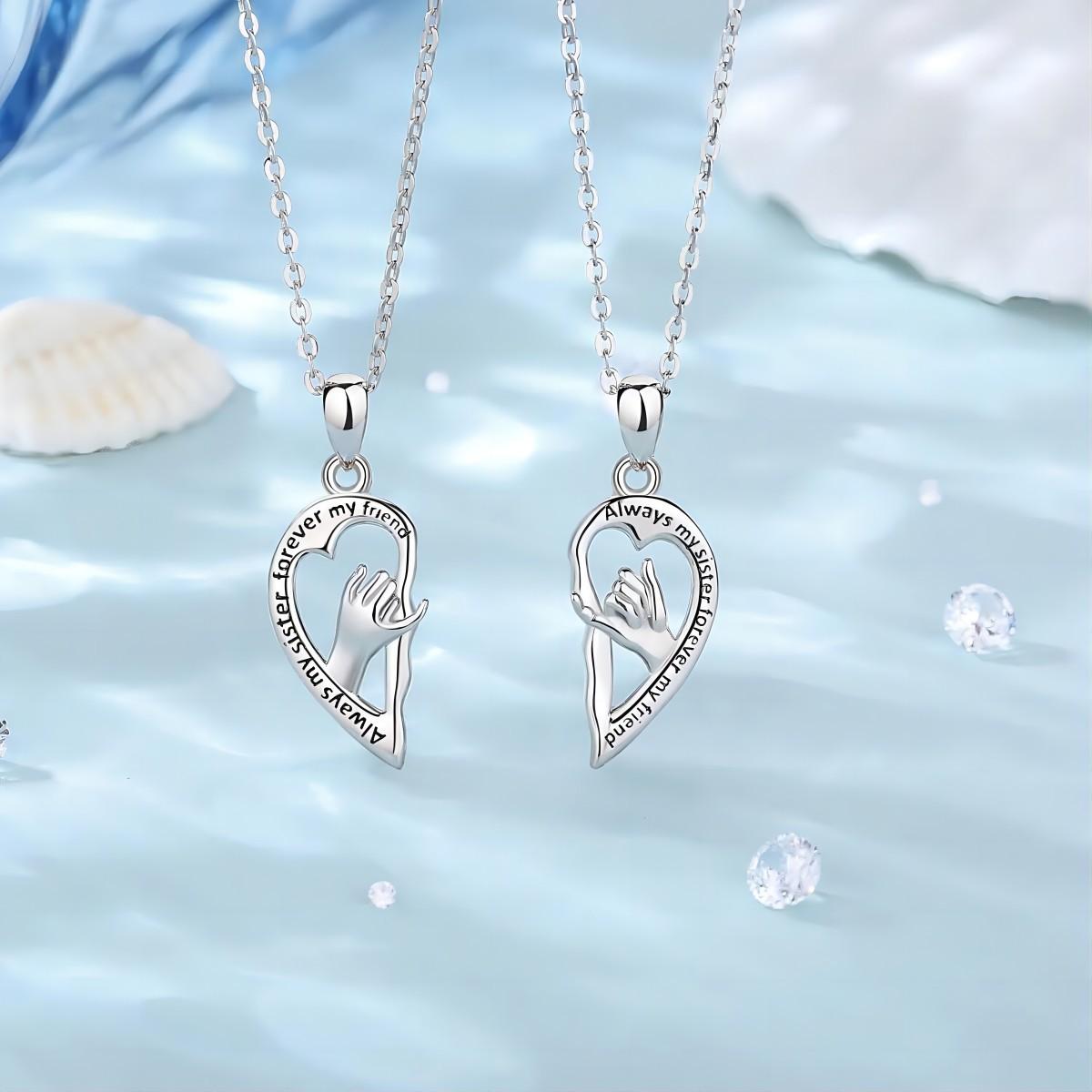 Split Heart Friendship Necklaces, Hand-in-Hand Together Forever Pendant, 2Pcs Silver Finish BFF Jewelry Set, Minimalist Bestie Matching Necklaces