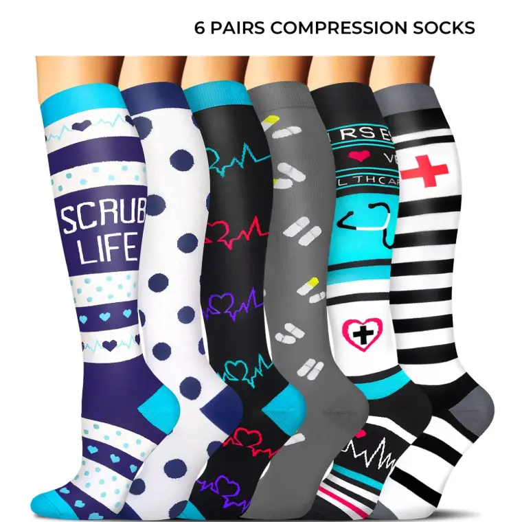 6 Pairs Knee High Compression Socks 15-20 mmHg for Women Men| Breathable Moisture Wicking Calf Support Socks for Travel Flying Hiking Work Sports