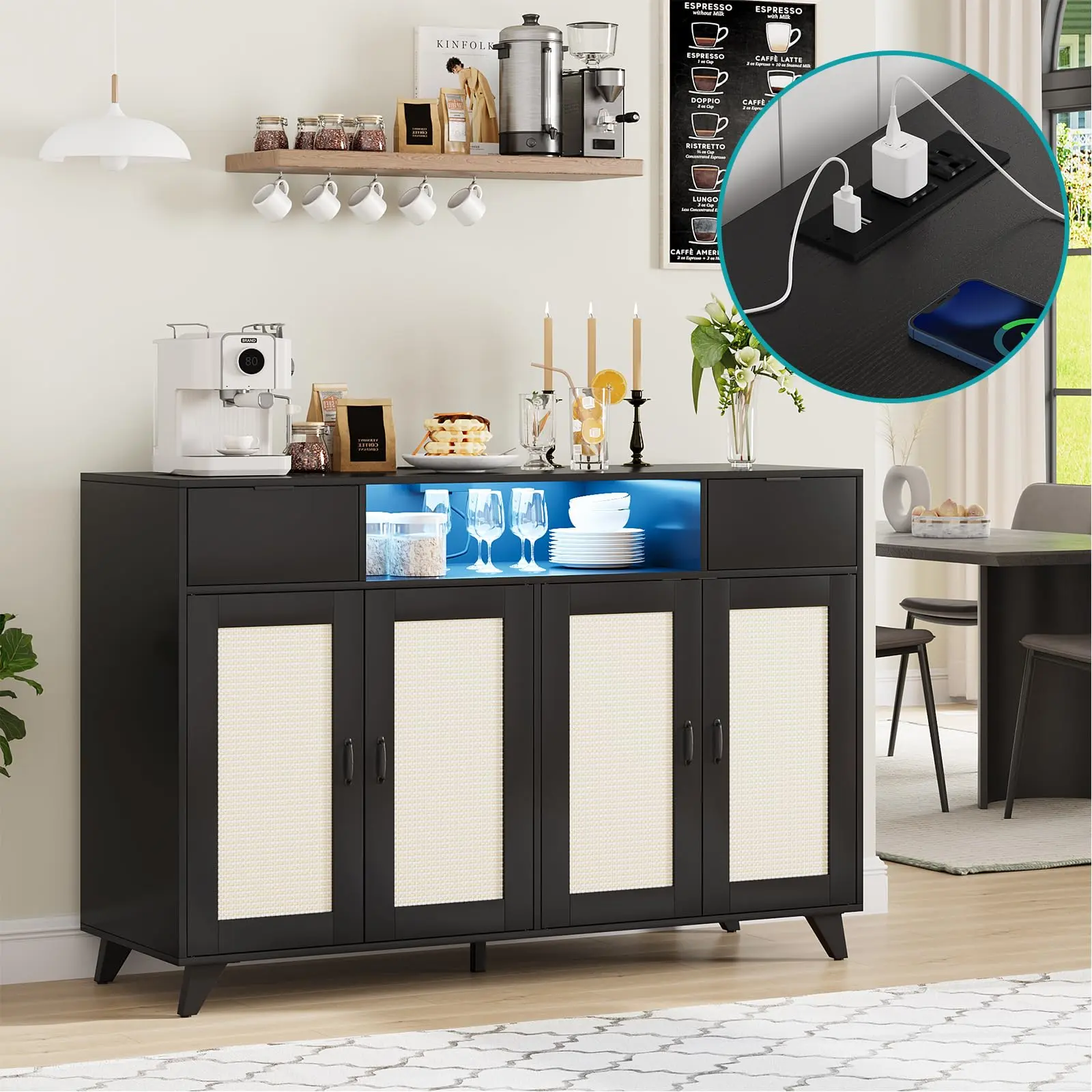 Modern Boho Rattan Sideboard Buffet Cabinet - 4 Doors, 2 Drawers, Built-In Power Outlets, LED Lighting, Adjustable Shelves, Natural Grain Rattan Panels, Storage Credenza for Dining, Living Room, Rectangular