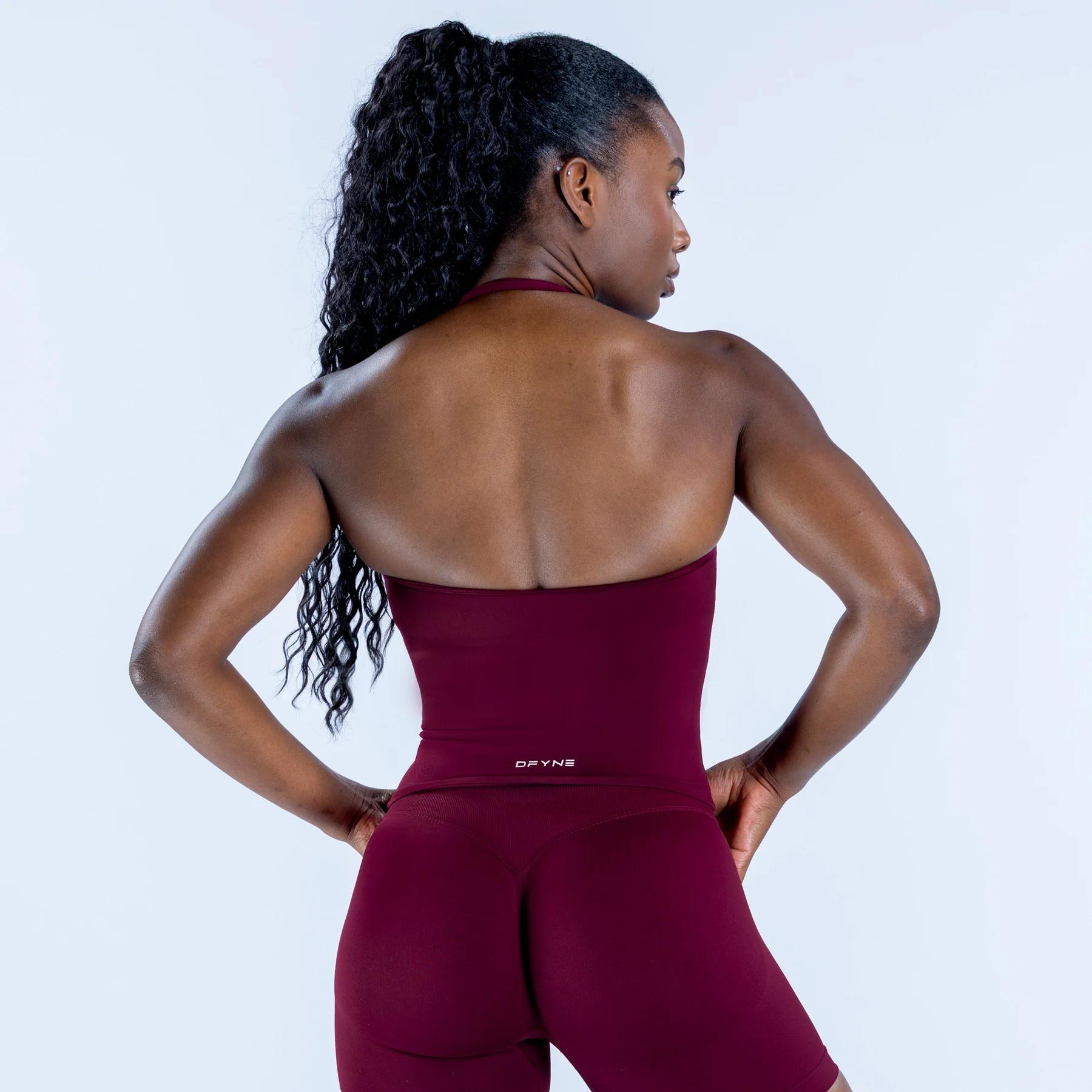 DFYNE Seamless Halter Tank Top & Shorts Set| Padded Open Back Longline Sports Bra with High Waisted Tummy Control Biker Shorts 2-Piece Outfit