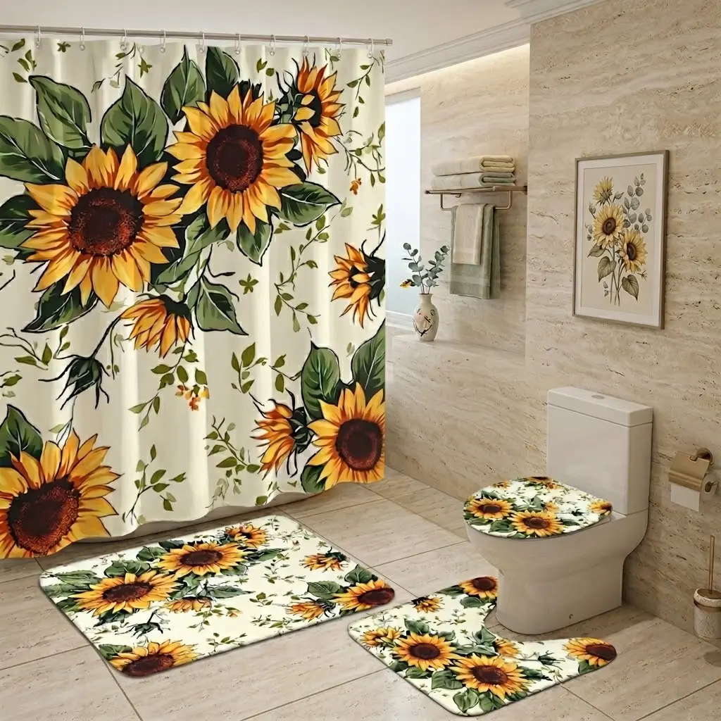 4pcs Vibrant Sunflower-Themed Bathroom Shower Curtain Sets, Cheerful Shower Curtain, Matching Toilet Seat Cover, Bath Mats, Nature-Inspired Spring Decor, Shower Curtain Set For Bathroom