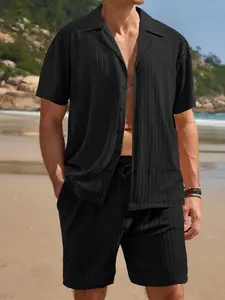 Men's Vertical Stripe Cuban Collar Shirt Set, Summer Casual Short Sleeve Shorts Two-Piece, Lightweight Comfortable Style