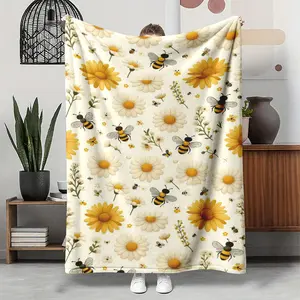 Bee And Daisy Print Lightweight Air Conditioning Blanket, Watercolor Spring Garden Flannel Throw, Cozy For Sofa Bed, Birthday Gift For Women, Nature Lover Home Decor