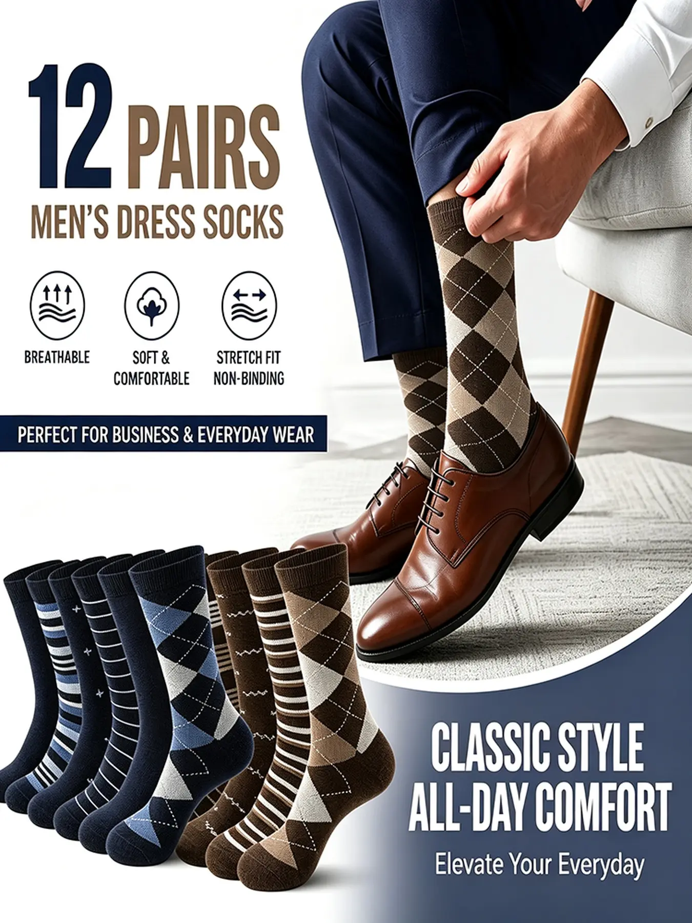 6/12 Pairs Men Classic Argyle Striped Dress Socks, Soft Breathable Stretch Business Crew Socks, Calf High, All Seasons