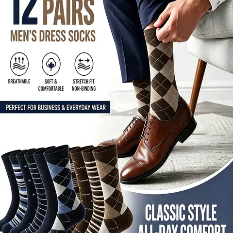 6/12 Pairs Men Classic Argyle Striped Dress Socks, Soft Breathable Stretch Business Crew Socks, Calf High, All Seasons