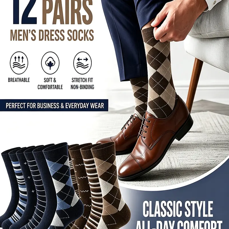 6/12 Pairs Men Classic Argyle Striped Dress Socks, Soft Breathable Stretch Business Crew Socks, Calf High, All Seasons