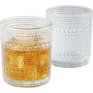 Cocktail Glasses 10 oz Set of 2, Glass Hobnail Drinking Glasses, Vintage Glassware Textured Bubble Glass Cups, Old Fashioned Glasses for Kitchen and Home Bar