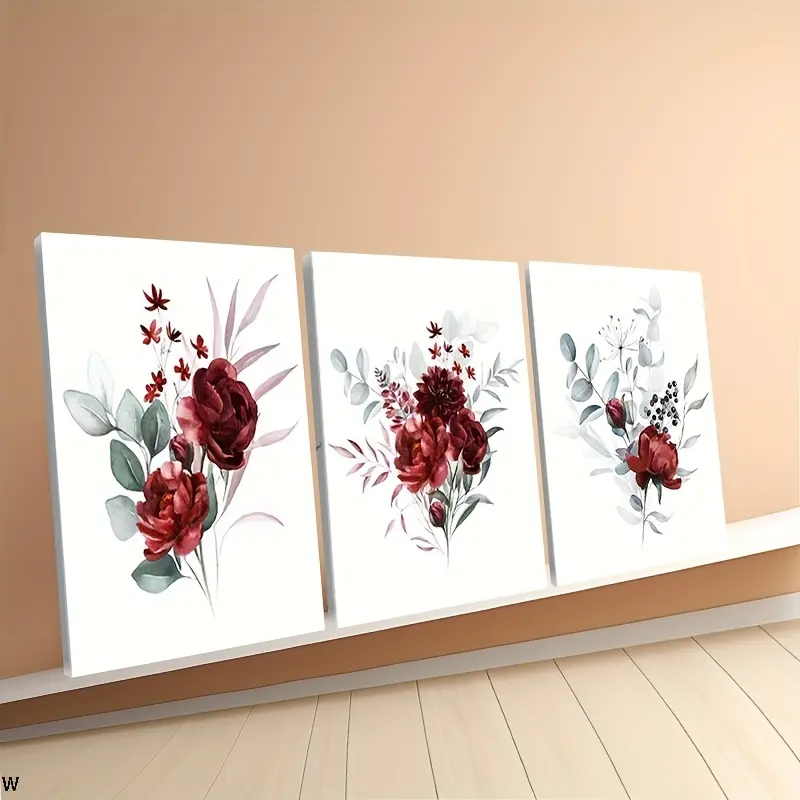 3Pcs Stretched Waterproof Red Rose Floral Canvas Wall Decor - Framed 2D Flat Printed Botanical Art with Green Leaves, Modern Aesthetic Home Decor for Living Room, Kid Room, Ideal Gifts for Thanksgiving, Valentine's Day