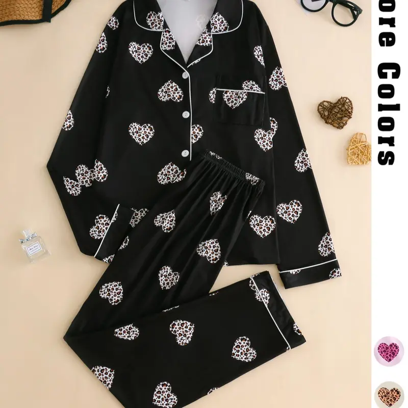 Two-piece Set Women's All Over Print Heart Leopard Lapel Neck Pocket Shirt & Elastic Waist Pants Pyjama, Casual Comfy Long Sleeve Button Up Top & Trousers Pj Set, Women's Pajamas Sleepwear for Spring & Fall Loungewear Nightwear Outfit