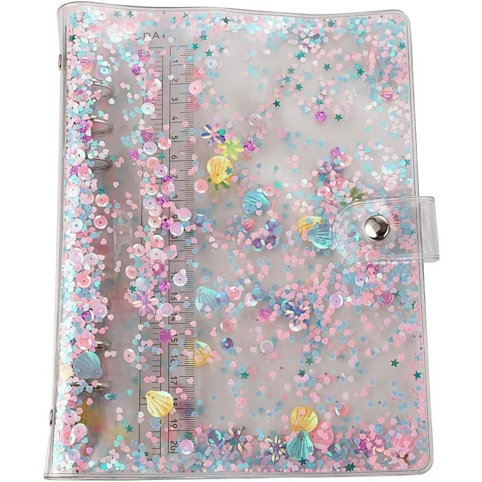 A5 6-Ring Loose Leaf Binder Cover, PVC Glitter Planner Cover, Refillable Notebook Shell for Round-Ring Planner Pages, 6.7”x9.2” (Inner Paper Not Included)
