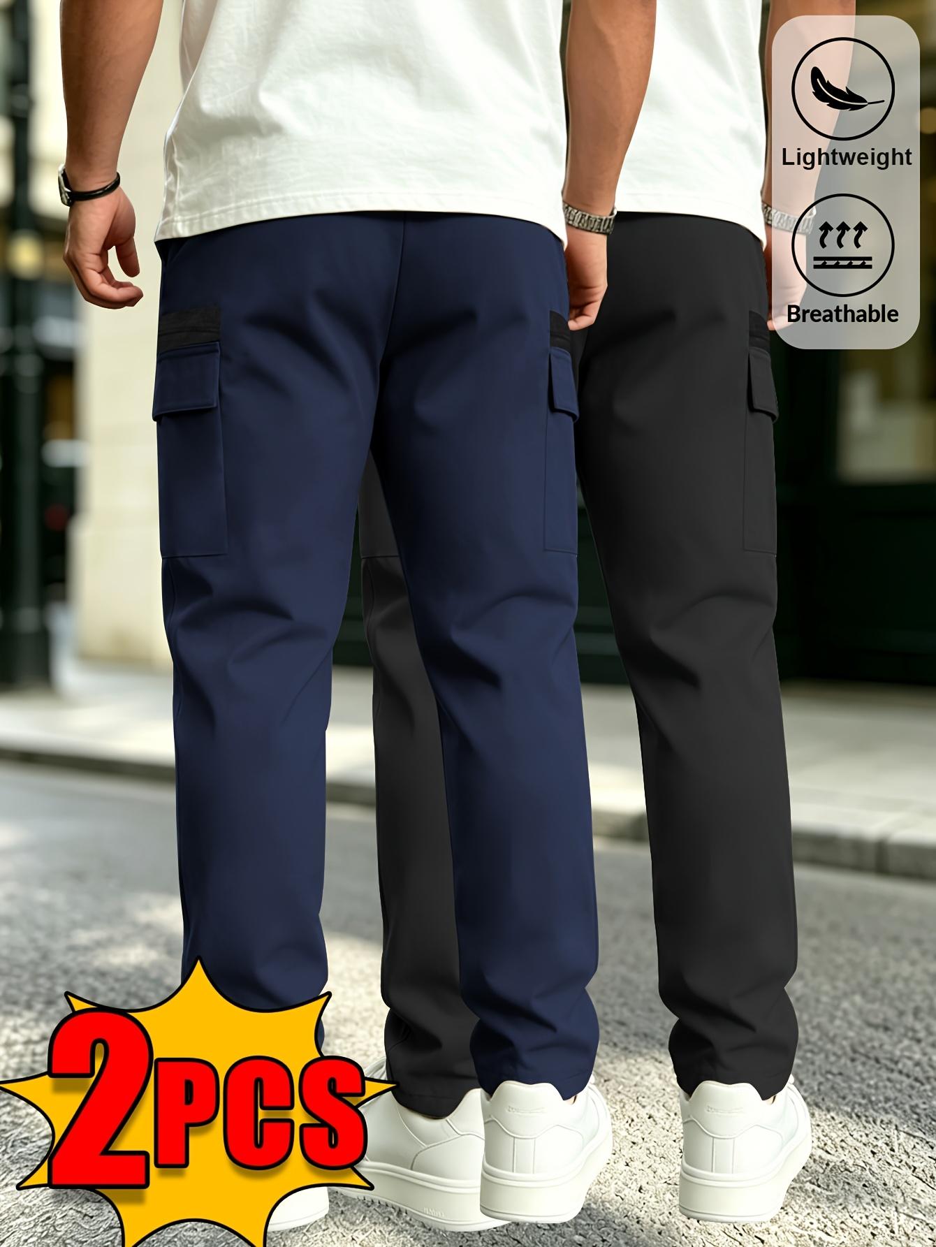 Veiskor Menswear Men’s 2-Pack Simple Basic Loose Polyester Functional Cargo Straight-Leg Pants for Spring/Summer, Elastic Drawstring Waist, Contrast Color, Side Zipper Pockets, Lightweight Breathable, Versatile Casual for Outdoor Activities, Commuting, Ca