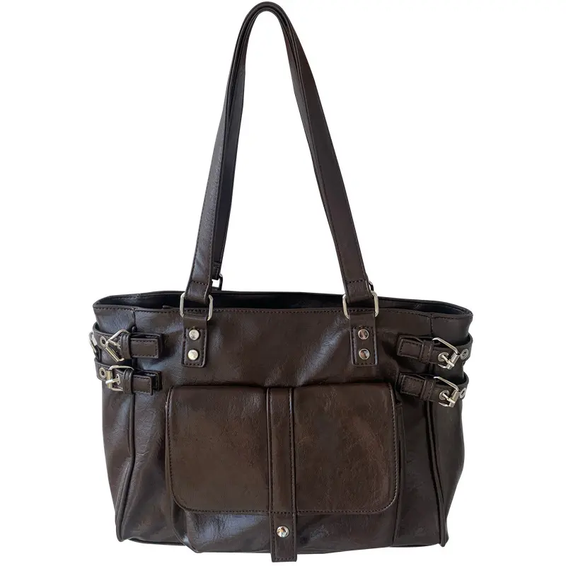 HUHUPF Women's Vintage Coffee Color Commuter Tote Bag, 2026 Fall-Winter New Large-Capacity Versatile Korean College Style Shoulder Crossbody Bag