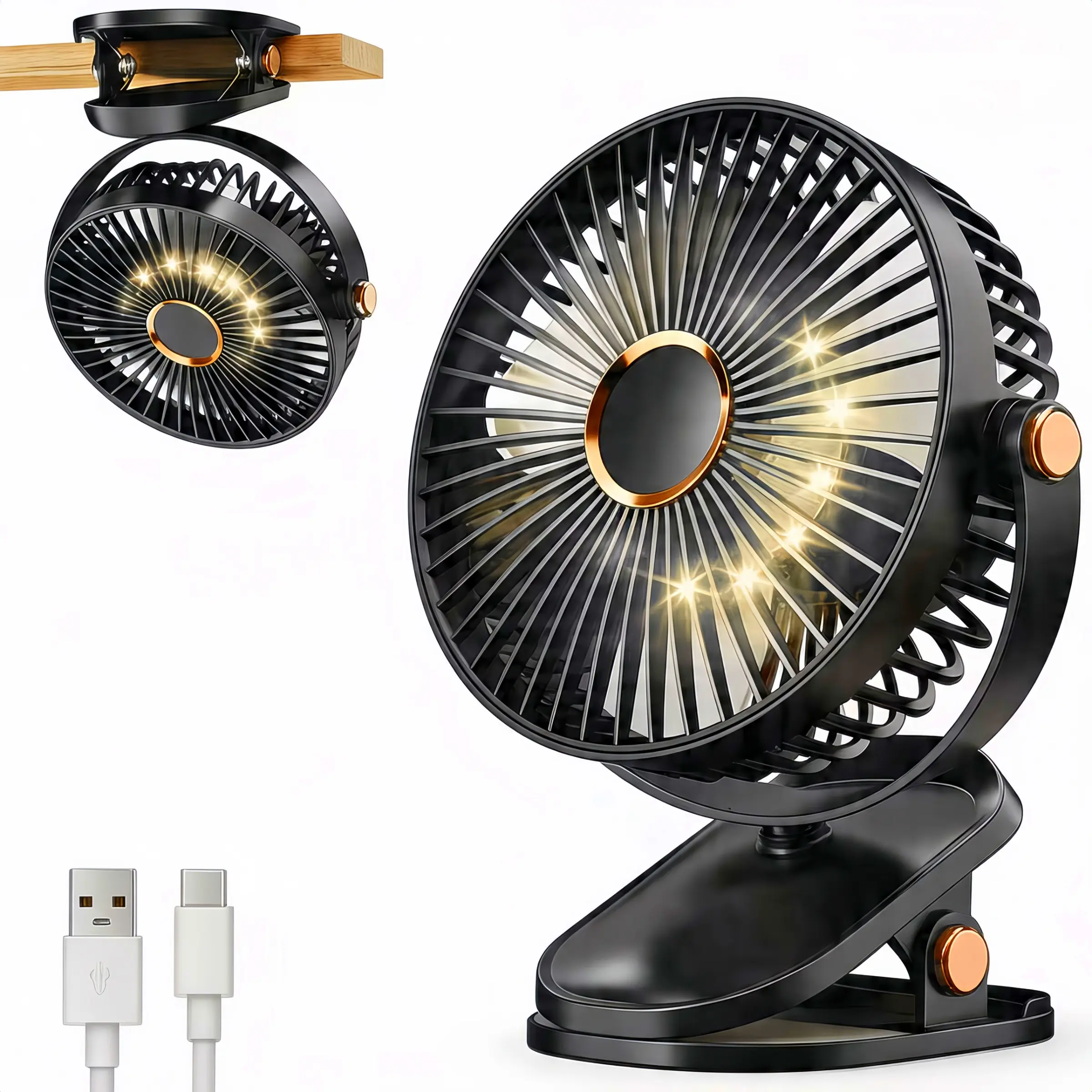 Portable Desktop Fan, USB Powered Clip Fan, 5 Speeds Quiet Rechargeable with Light, 360° Rotating Personal Cooler, Ideal for Home Office, Car, Camping