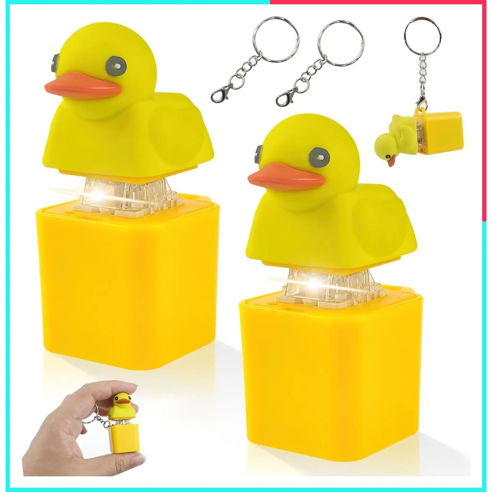 2Pcs Duck Quacking Fidget Toy Keychains, Squeaky Ducky Caps Keychains with Clicker, Light & Sound, Sensory Finger Fidget, Fun Portable Anxiety Relief Toy