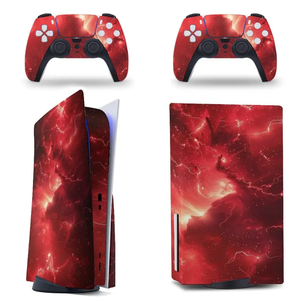 Red Nebula Galaxy Vinyl Skin Sticker Compatible with PS5 (Disc/Digital), PS5 Slim, PS5 Pro Console and 2 Controllers, Decal Wrap Cover (Sticker Only), Gift for Gamers